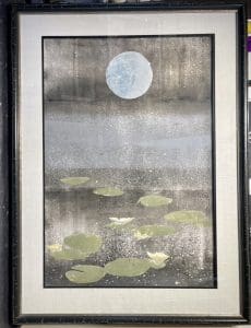 Moon shining over lake Monotype by Pat Woodall