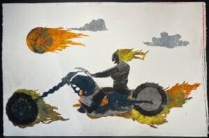 Man on a bike speeds across the road in this art