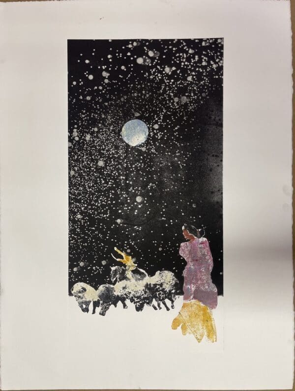 Animals grazing under the night sky in this artwork