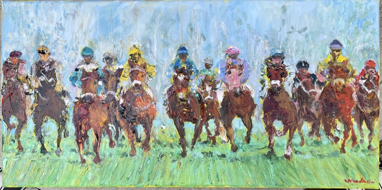 Speed Oil Painting featuring men racing on horses