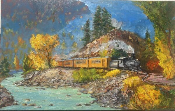 A breathtaking painting of a train gracefully traveling down a serene river, expertly crafted by the Coming Around The Mountain Oil Painter.