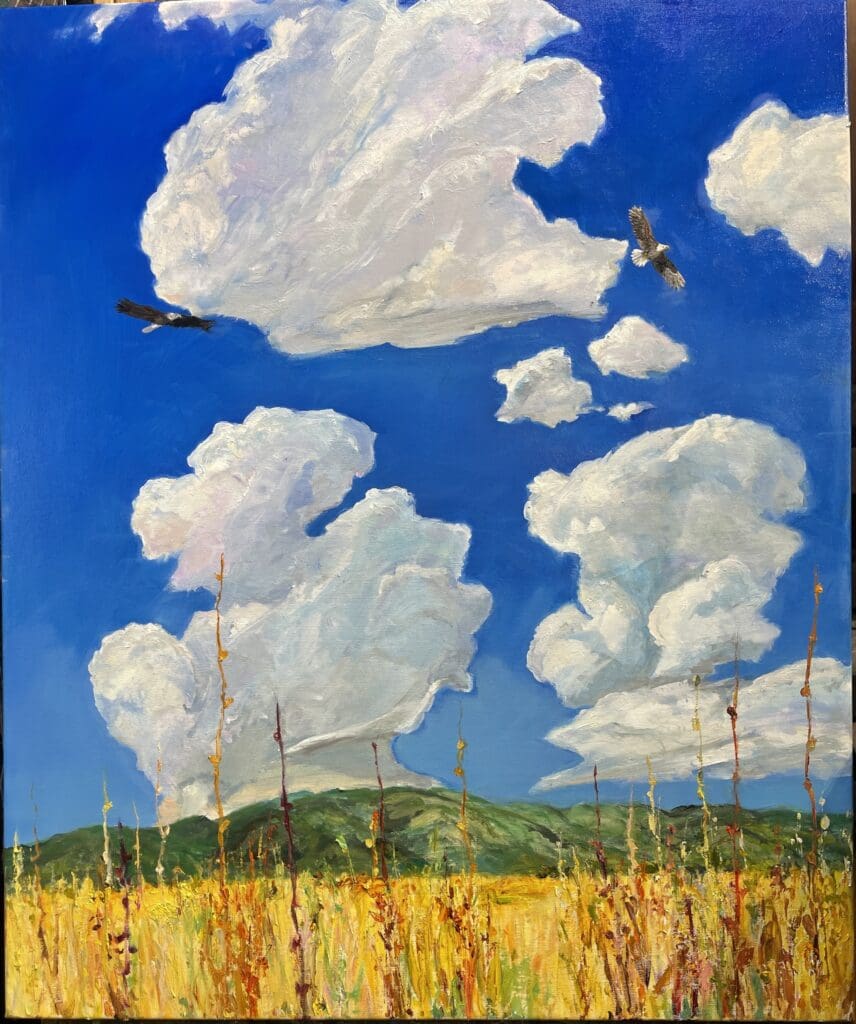 Two Eagles Blue Skies and Thistle Fields Oil Painting