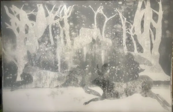 A Winter Wolf monotype of a deer in the snow available for sale.