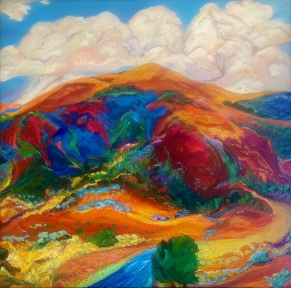 A colorful Magic Mountain oil painting featuring a stunning landscape with mountains in the background.