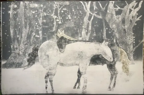 A Winter Wolf Monotype 32x48" for sale showcasing two horses in the snow.