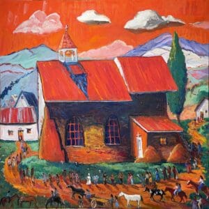A "Arroyo Seco Gathering Good Friday" oil painting of a church with people in front of it.