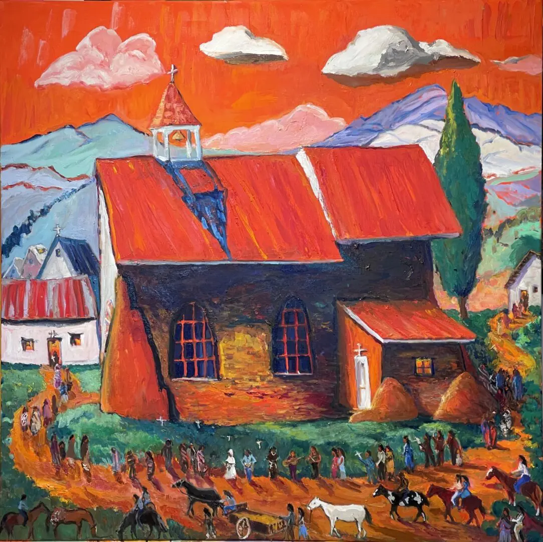 A "Arroyo Seco Gathering Good Friday" oil painting of a church with people in front of it.