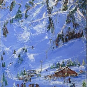 A breathtaking Taos Ski Valley Bavarian Life oil painting capturing the serene beauty of a ski resort at sunset.