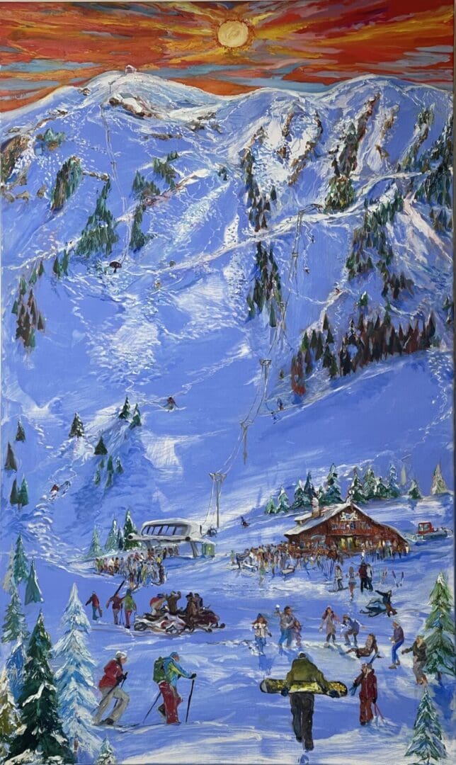 A breathtaking Taos Ski Valley Bavarian Life oil painting capturing the serene beauty of a ski resort at sunset.