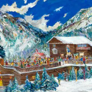 A Saint Bernard Lunch Deck oil painting of a ski lodge in the snow.