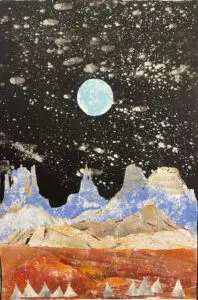 A painting of a desert with mountains and a moon.