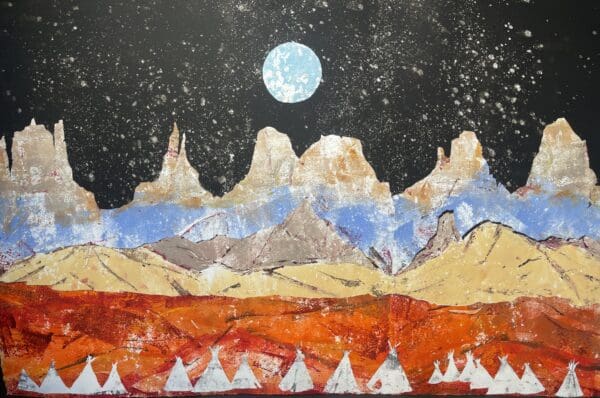 A painting of mountains with a moon in the sky.