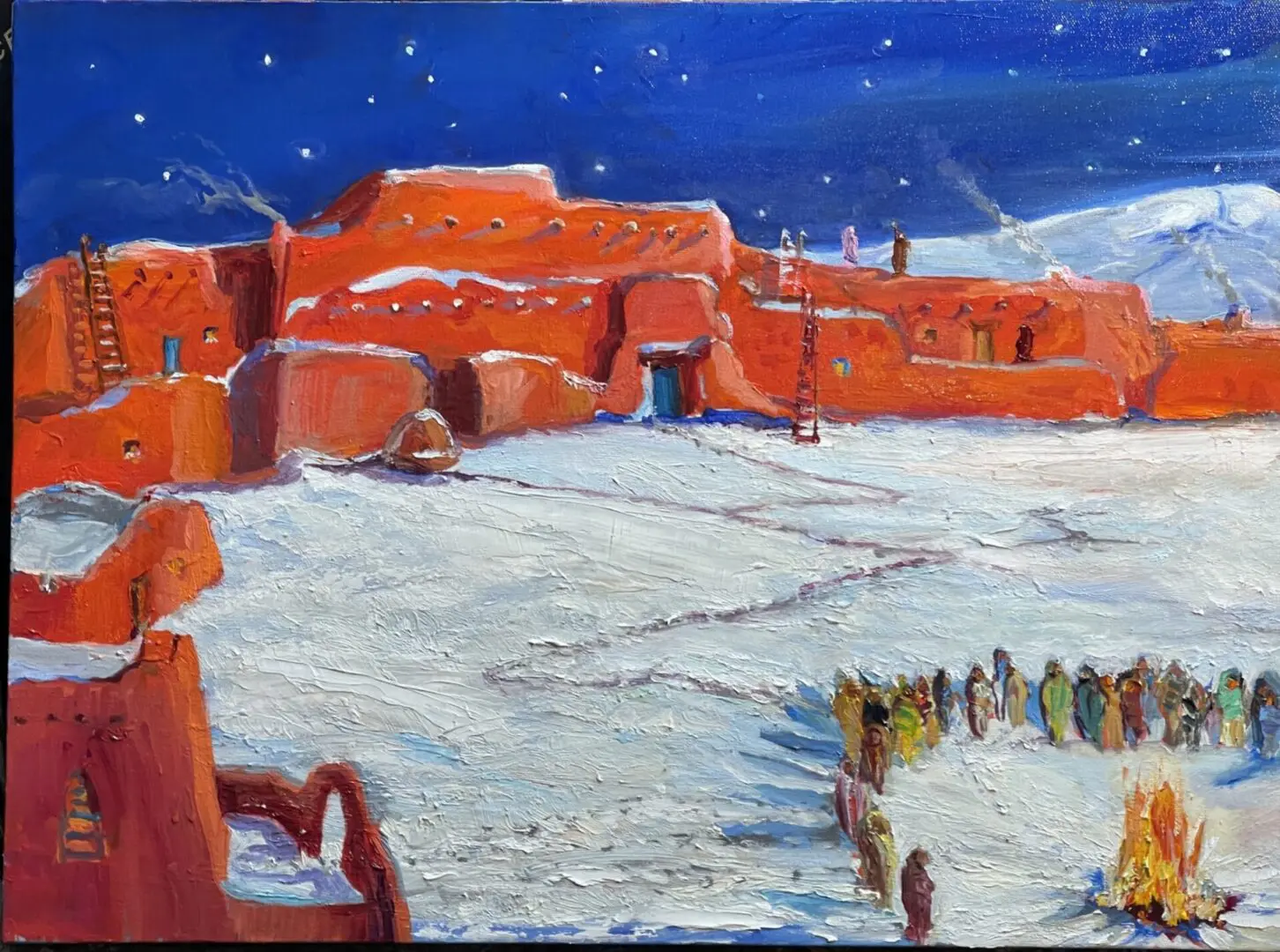A painting of a red building in the snow.