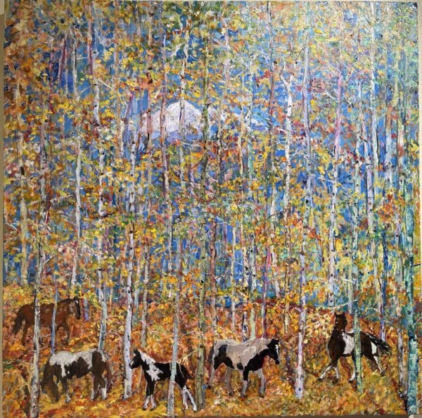 A painting of horses in the woods.