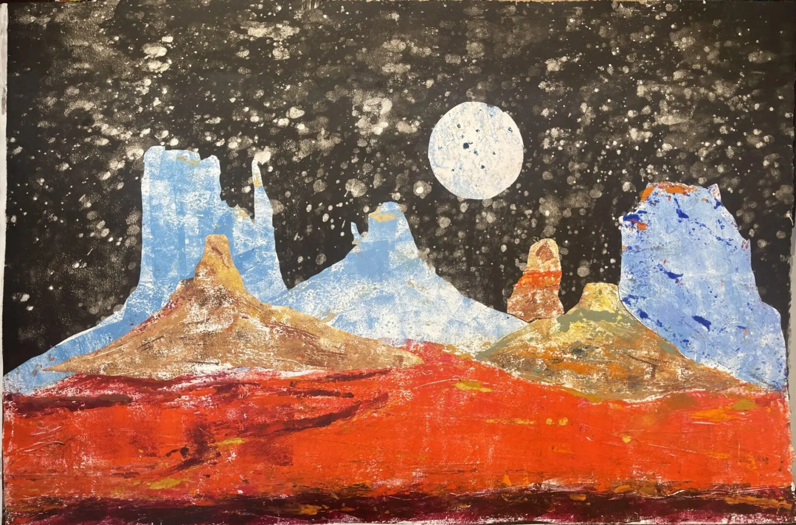 A painting of a desert landscape with a moon in the background.