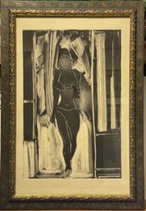 Framed black and white print of a woman.