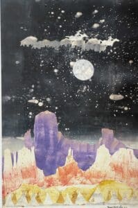 A painting of a desert with a moon in the sky.