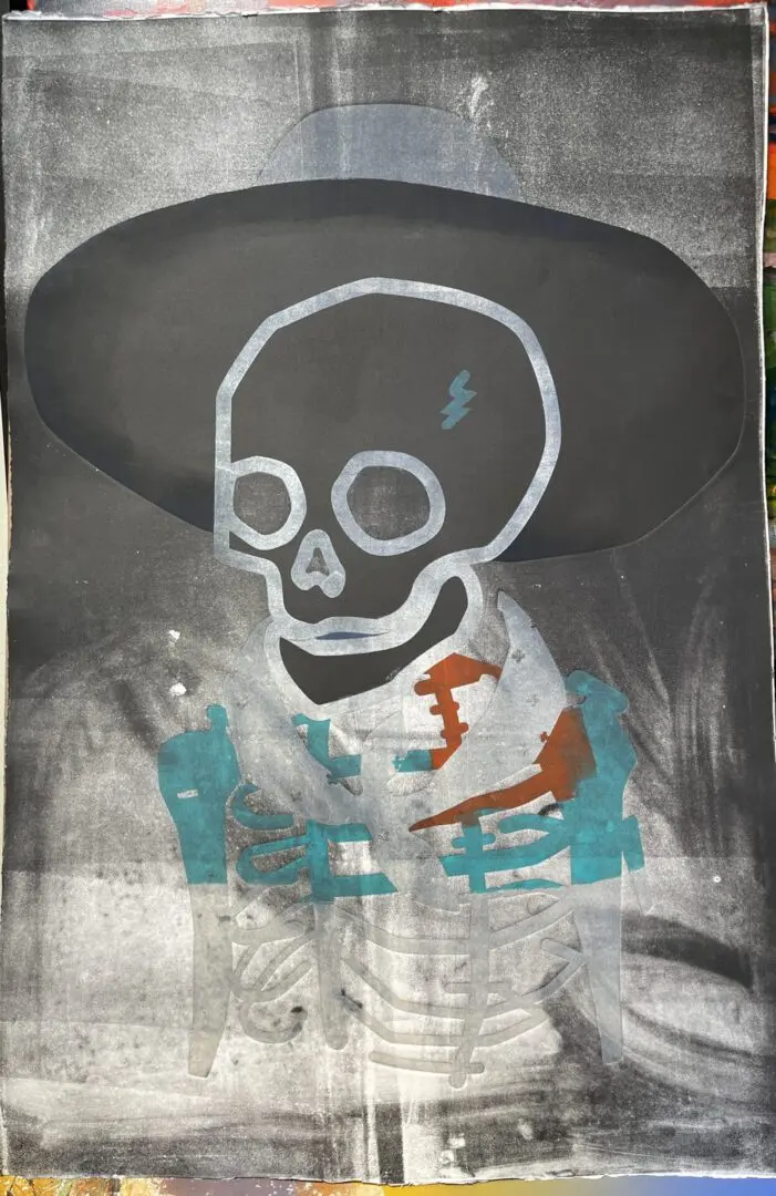 A painting of a skeleton wearing a hat.