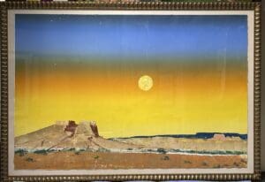 A framed painting of the "Western Riders Full Moon" Monotype 55x39" Framed.