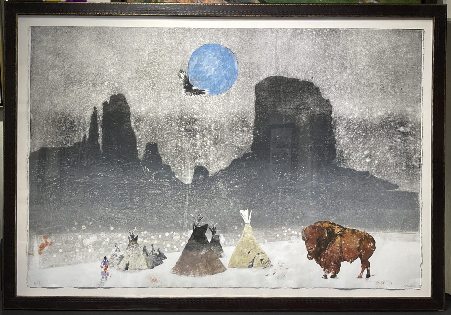 A painting of "Western Riders Full Moon" with a buffalo and teepees.