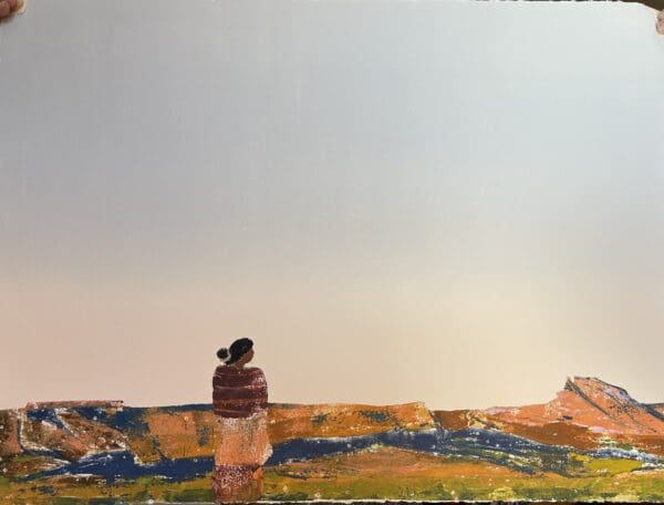 A painting of a woman looking out over a landscape.
