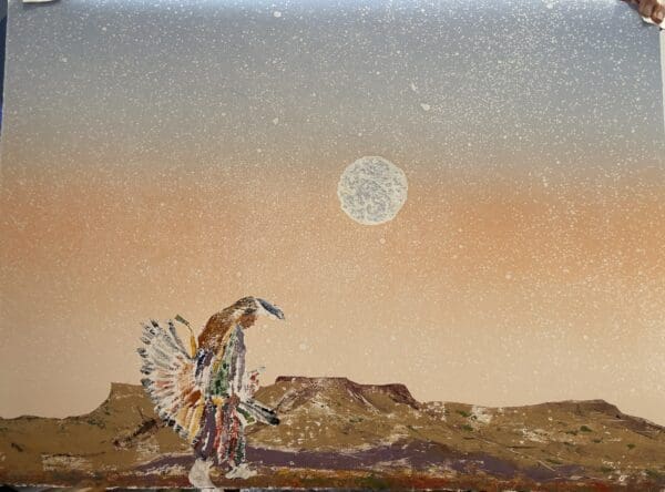 A painting of a native american with a moon in the background.