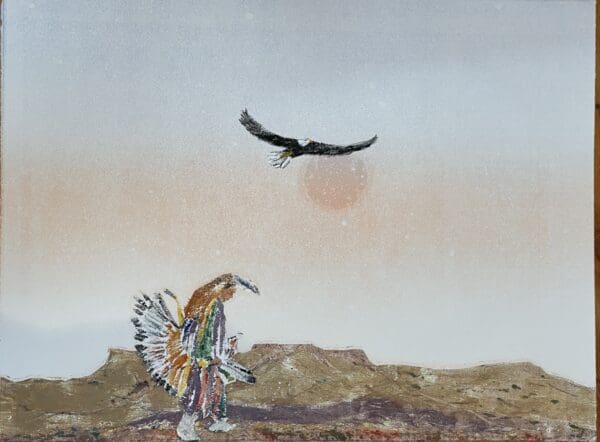 A painting of an indian man and an eagle.