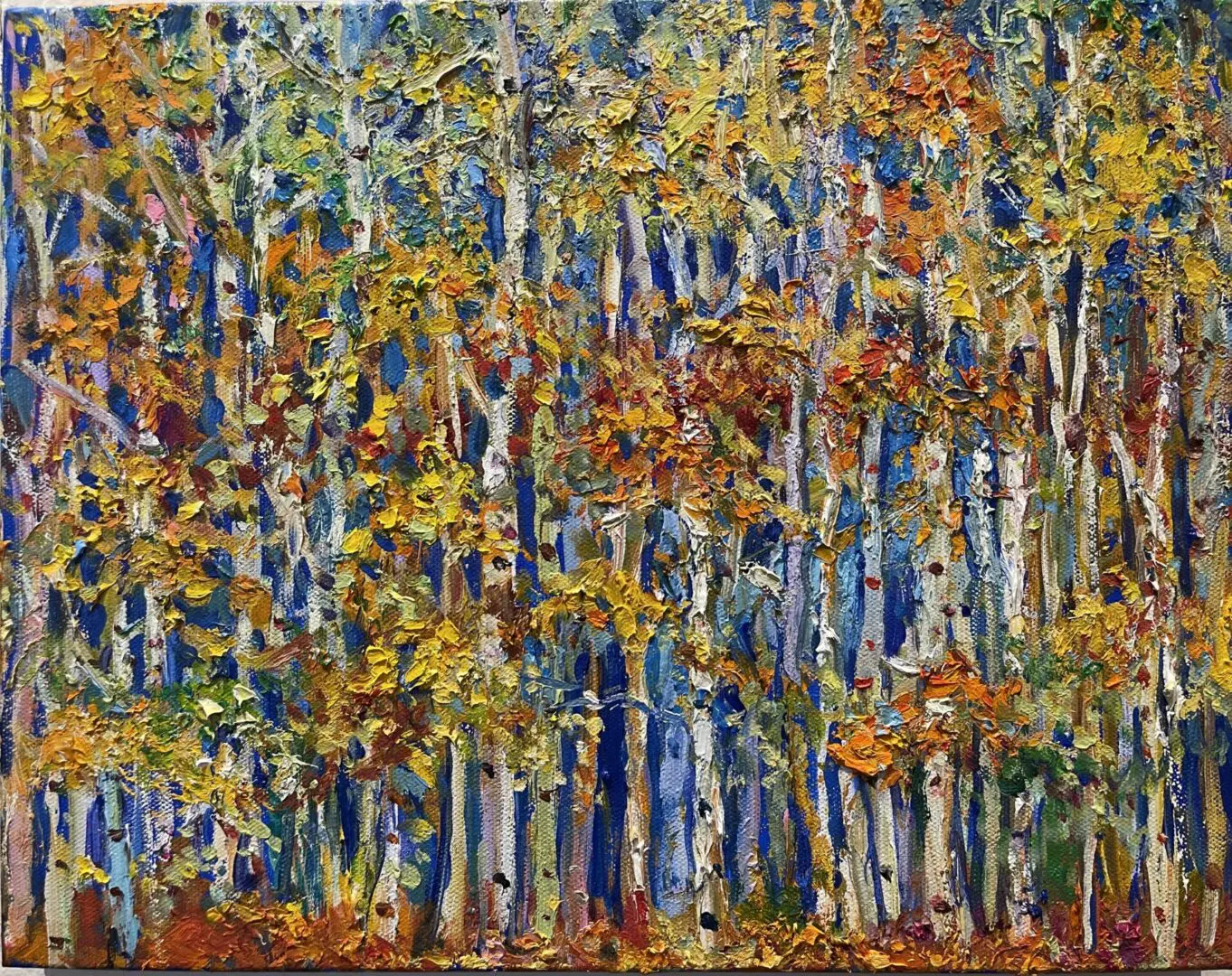 A painting of aspen trees in autumn colors.