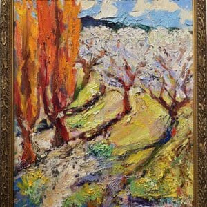 An oil painting of trees in an orchard.