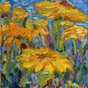 A painting of yellow flowers on a blue background.