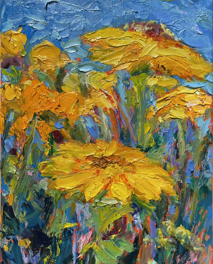 A painting of yellow flowers on a blue background.