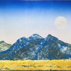Abstract painting of mountains and moon.