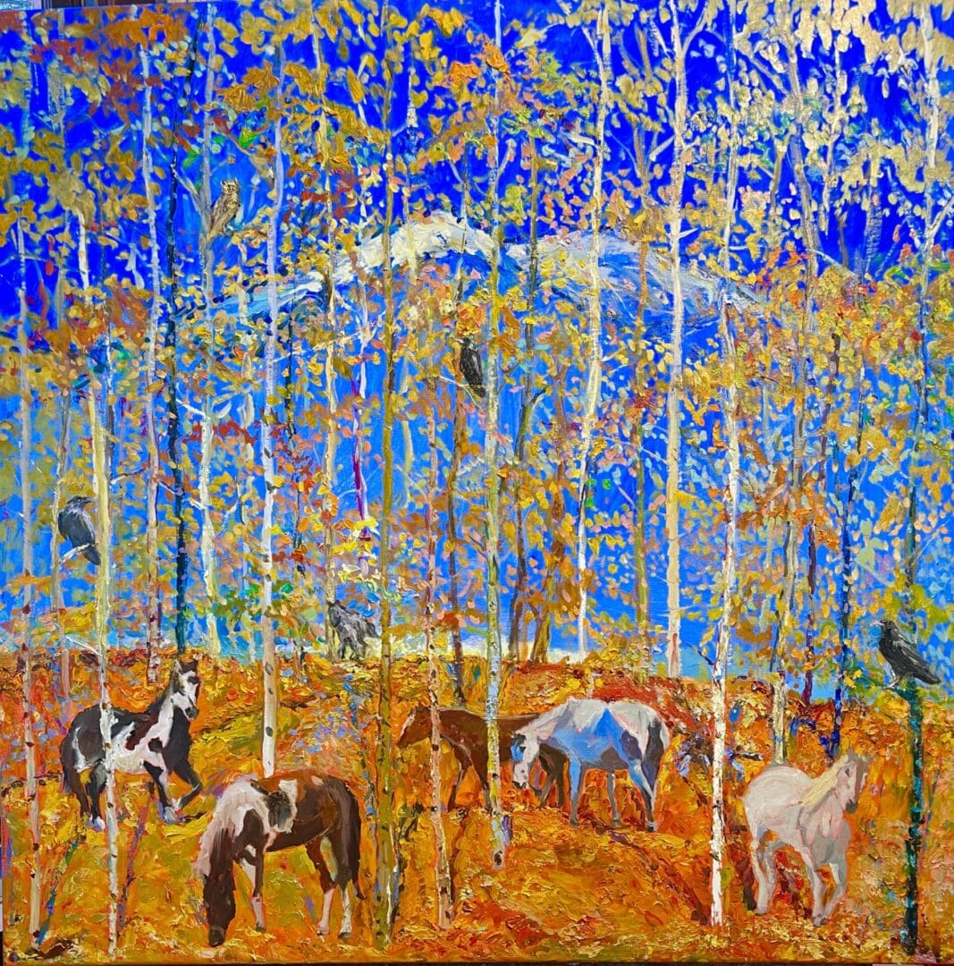 Horses grazing in a birch forest.