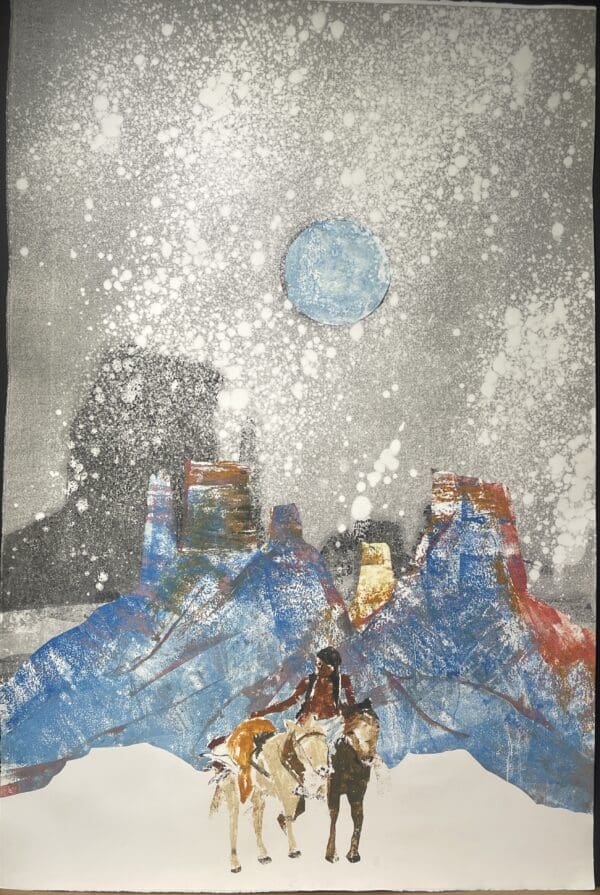 Native American on horseback under a snowy moon.