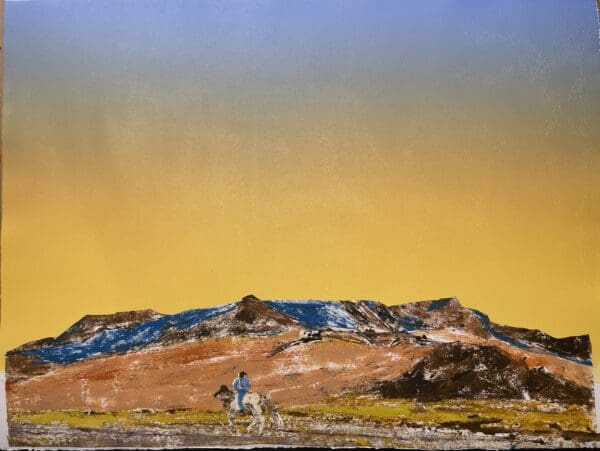 Painting of a lone rider in a desert landscape.