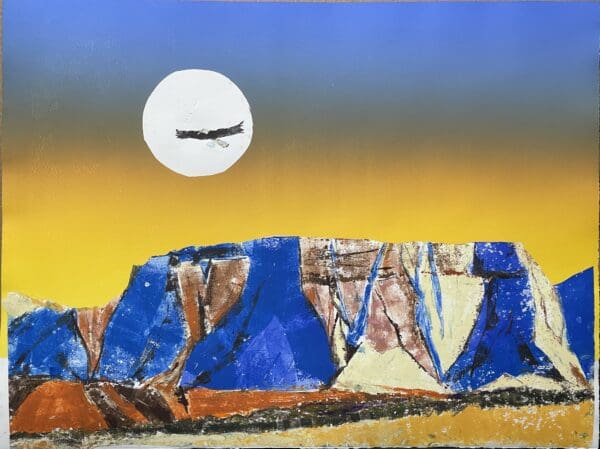 Abstract painting of a mountain and bird.