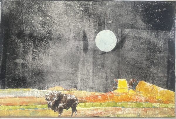 Abstract painting of a bison under the moon.