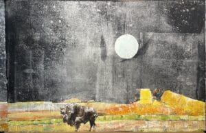 Abstract painting of a bison under a moon.