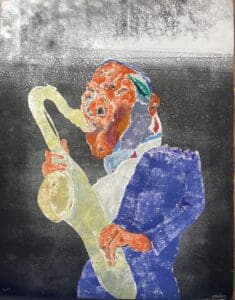 Painting of a man playing a saxophone.