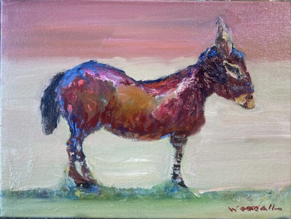 A brown horse painted on canvas.