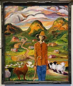Painting of a shepherd with sheep in a valley.