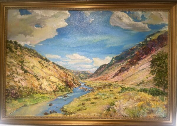 Painting of a river winding through a valley.