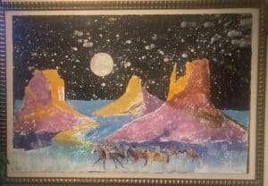 Abstract painting of riders under a full moon.