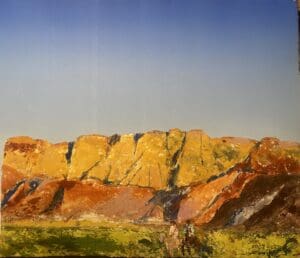 Abstract painting: riders and mountains.
