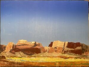 Desert landscape painting, blue sky.